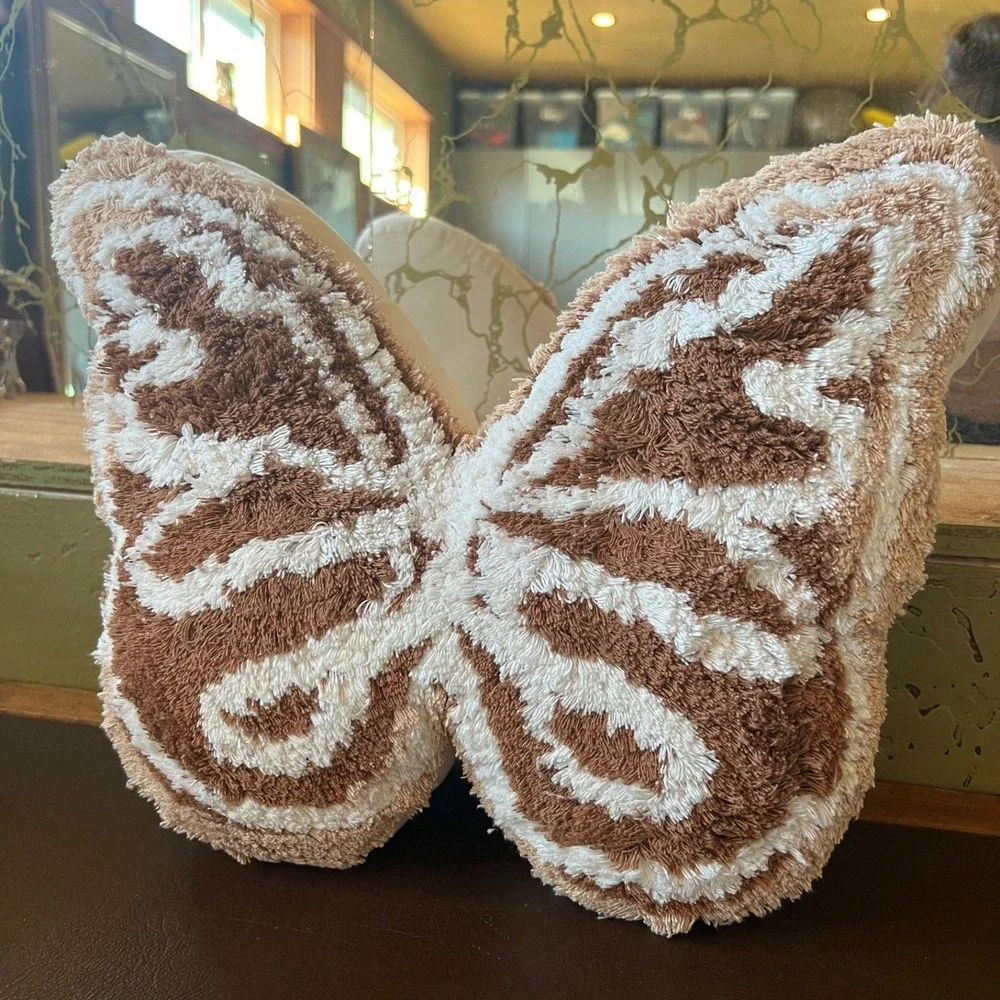 Whimsical Butterfly Moth Tufted Decorative Throw Pillow Brown Cream Bohemian
